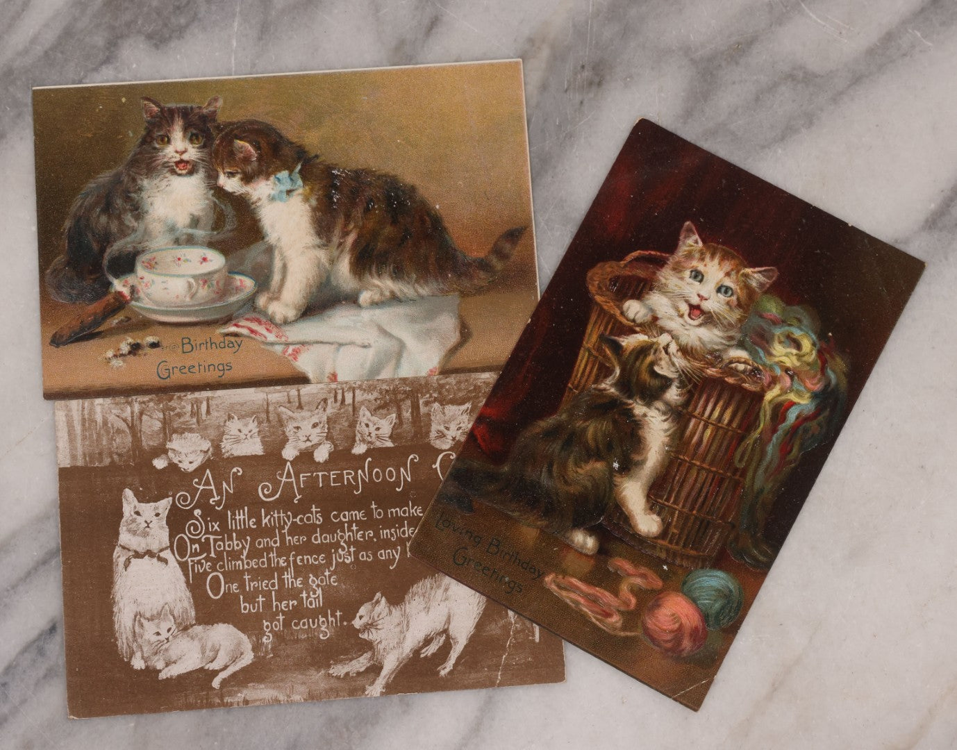 Lot 114 - Grouping Of Three Antique Cat Postcards, "An Afternoon Call" Illustrated Postcard With Poem, And Embossed "Birthday Greetings" Postcards From The Raphael Tuck & Sons Series No. 105, Printed In Saxony