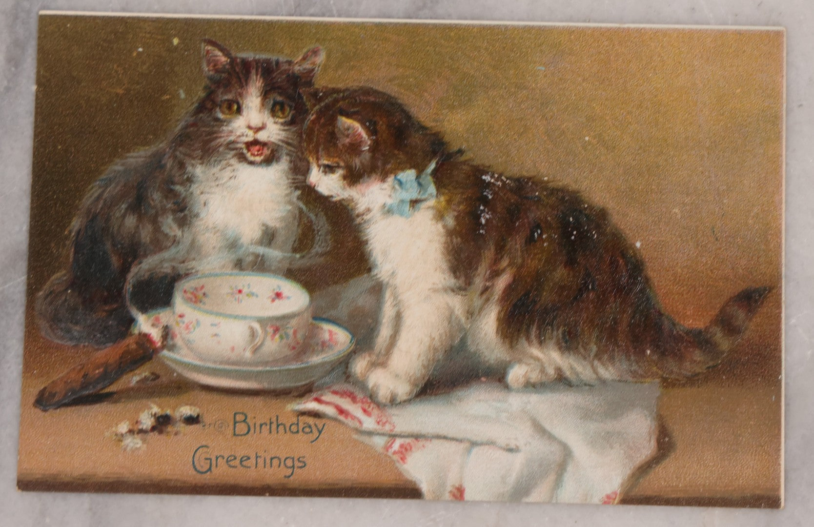 Lot 114 - Grouping Of Three Antique Cat Postcards, "An Afternoon Call" Illustrated Postcard With Poem, And Embossed "Birthday Greetings" Postcards From The Raphael Tuck & Sons Series No. 105, Printed In Saxony