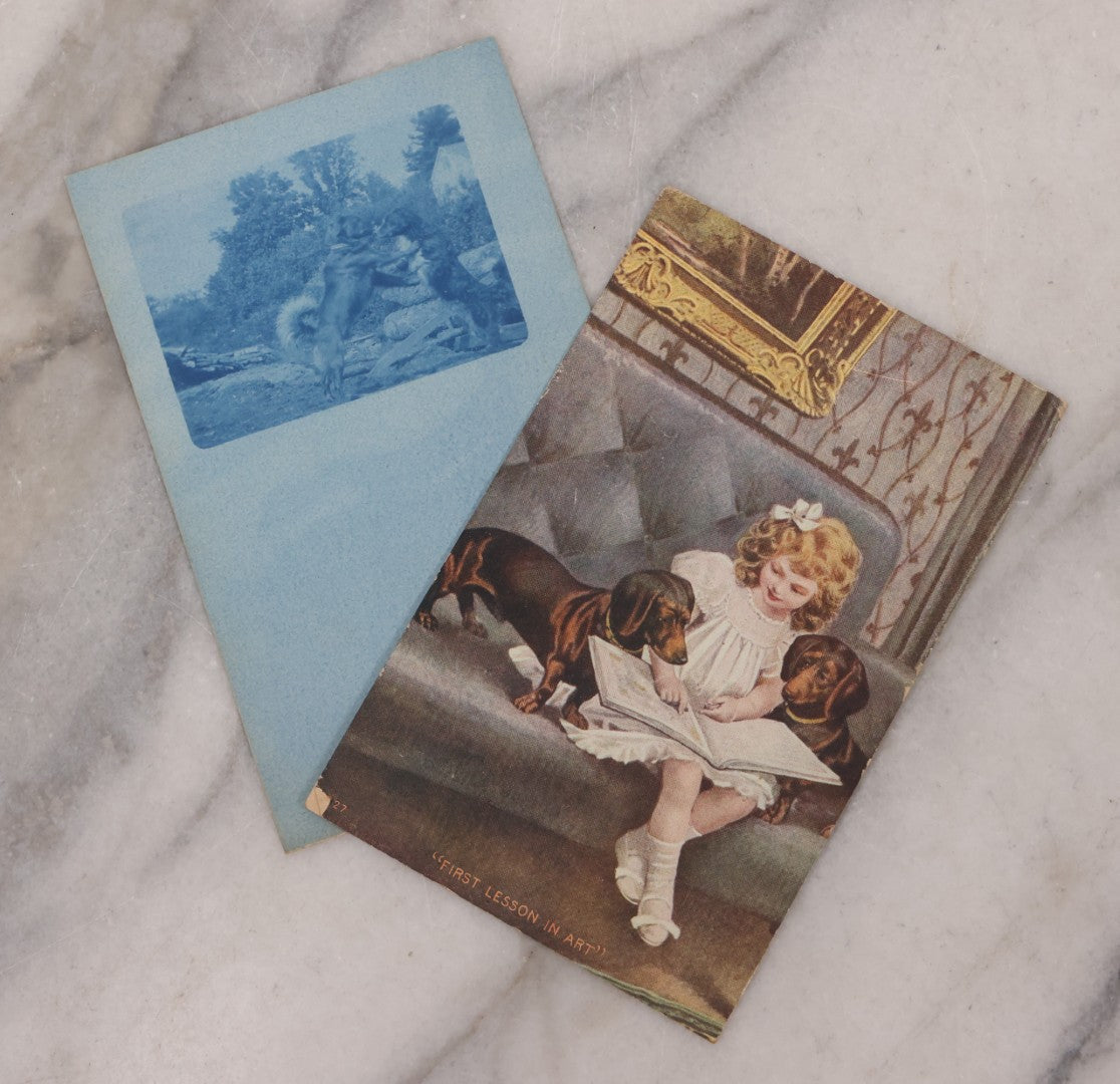 Lot 115 - Grouping Of Two Antique Dog Postcards, Cyanotype Real Photo Postcard R.P.P.C. Of Two Dogs Playing And Wrestling, And "First Lesson In Art" Illustration Of Young Girl Reading To Two Attentive Daschunds 