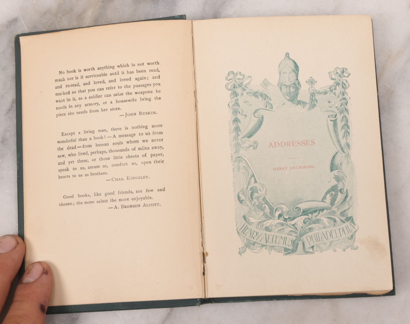 Lot 123 - "Drummond's Addresses" Antique Illustrated Book Of Speeches, Gold And Green Embossed Leaf And Flower Art Nouveau Motifs On Cover And Spine, With Christmas And New Year 1899 Inscription, Published By Henry Altemus, Philadelphia, 1891
