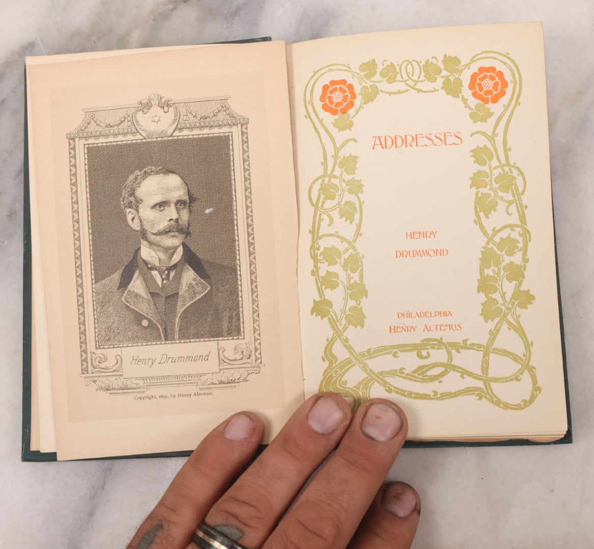 Lot 123 - "Drummond's Addresses" Antique Illustrated Book Of Speeches, Gold And Green Embossed Leaf And Flower Art Nouveau Motifs On Cover And Spine, With Christmas And New Year 1899 Inscription, Published By Henry Altemus, Philadelphia, 1891