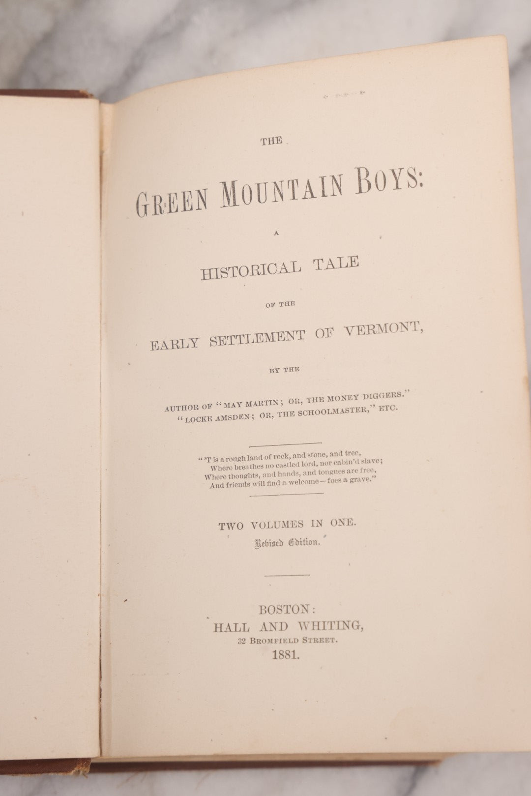 Lot 124 - "Green Mountain Boys" Antique History Book On The Early Settlement Of Vermont, Featuring Embossed Owl Illustration On Cover, Published By Hall And Whiting, Boston, 1848
