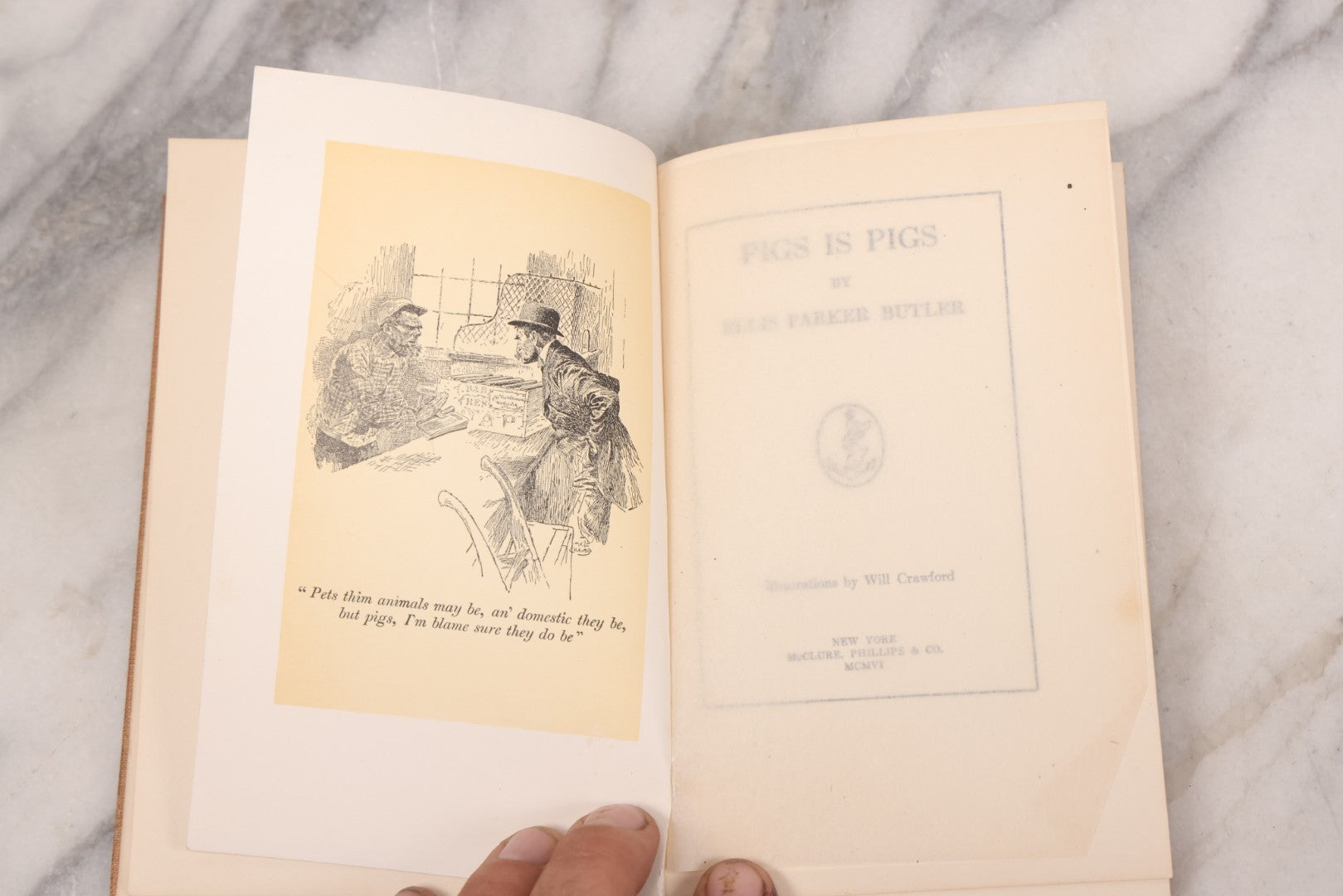 Lot 130 - "Pigs Is Pigs" Antique Illustrated Story Book With Odd Illustration On Cover Of Guinea Pigs Emptying Cornucopias Full Of Miniature Guinea Pigs, By Ellis Parker Butler, Published By McClure, Phillips And Co., 1906