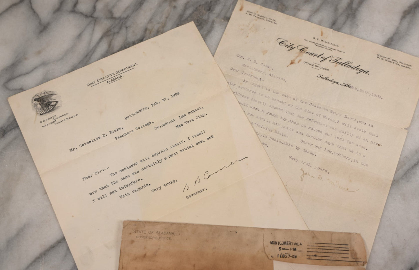 Lot 001 - Pair Of Antique Letters Regarding Planned Execution By Hanging Of Henry Davis For Assault In 1909, Including Letter From Court Clerk Forwarded With Note Signed By Alabama Governor B. B. Comer To Cornelius Blake, Columbia Teachers College, NYC