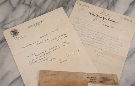 Lot 001 - Pair Of Antique Letters Regarding Planned Execution By Hanging Of Henry Davis For Assault In 1909, Including Letter From Court Clerk Forwarded With Note Signed By Alabama Governor B. B. Comer To Cornelius Blake, Columbia Teachers College, NYC