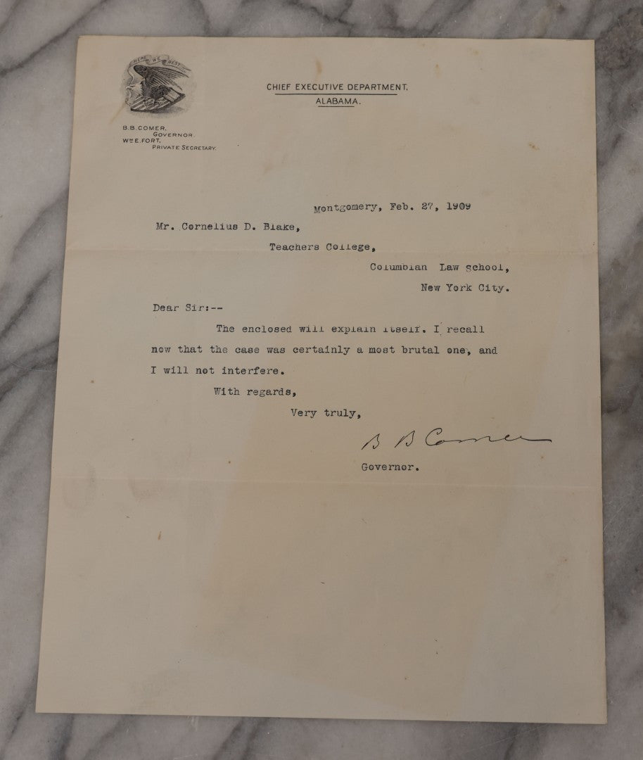 Lot 001 - Pair Of Antique Letters Regarding Planned Execution By Hanging Of Henry Davis For Assault In 1909, Including Letter From Court Clerk Forwarded With Note Signed By Alabama Governor B. B. Comer To Cornelius Blake, Columbia Teachers College, NYC