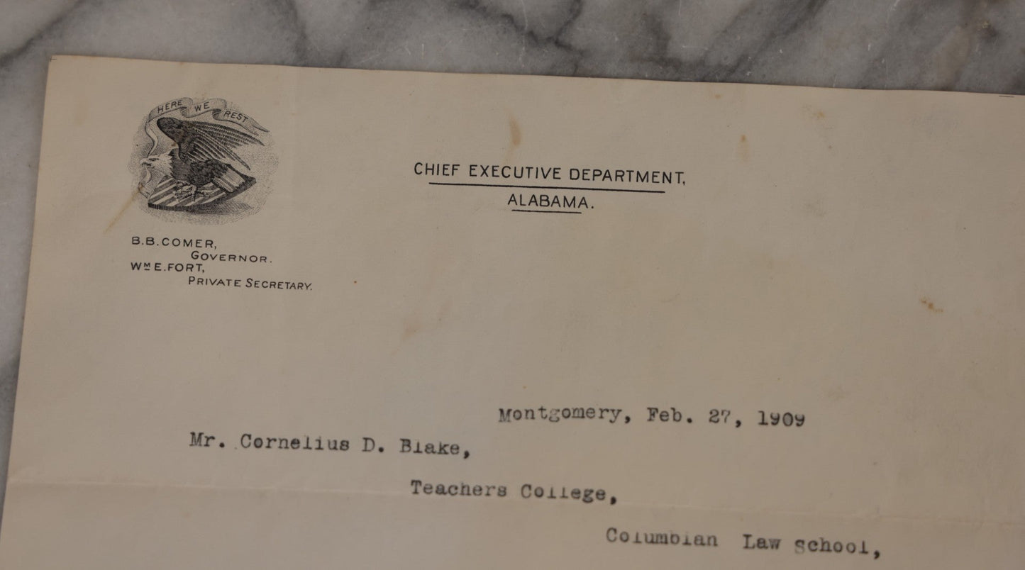 Lot 001 - Pair Of Antique Letters Regarding Planned Execution By Hanging Of Henry Davis For Assault In 1909, Including Letter From Court Clerk Forwarded With Note Signed By Alabama Governor B. B. Comer To Cornelius Blake, Columbia Teachers College, NYC
