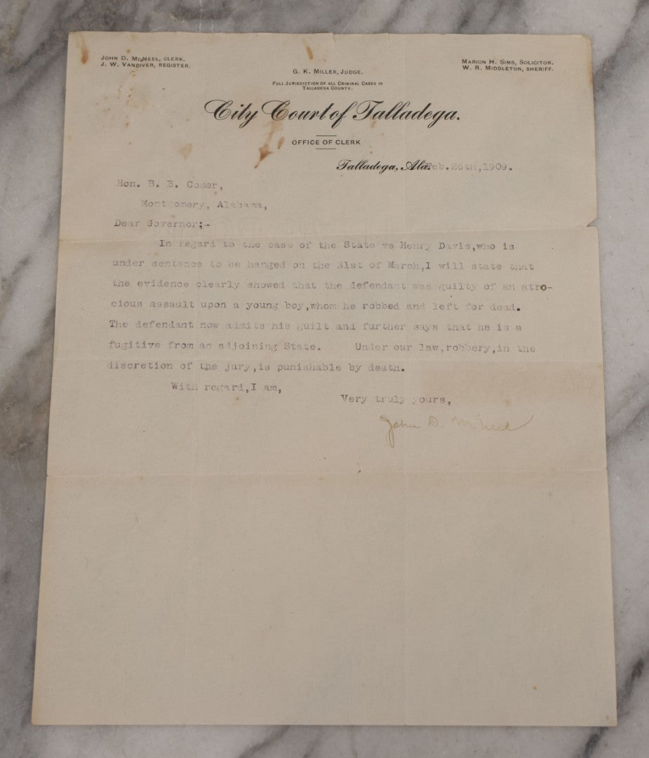 Lot 001 - Pair Of Antique Letters Regarding Planned Execution By Hanging Of Henry Davis For Assault In 1909, Including Letter From Court Clerk Forwarded With Note Signed By Alabama Governor B. B. Comer To Cornelius Blake, Columbia Teachers College, NYC