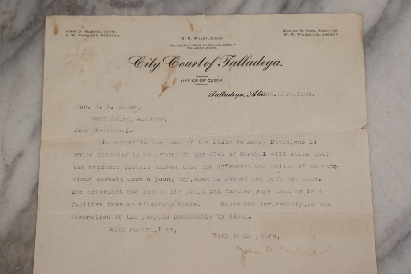 Lot 001 - Pair Of Antique Letters Regarding Planned Execution By Hanging Of Henry Davis For Assault In 1909, Including Letter From Court Clerk Forwarded With Note Signed By Alabama Governor B. B. Comer To Cornelius Blake, Columbia Teachers College, NYC