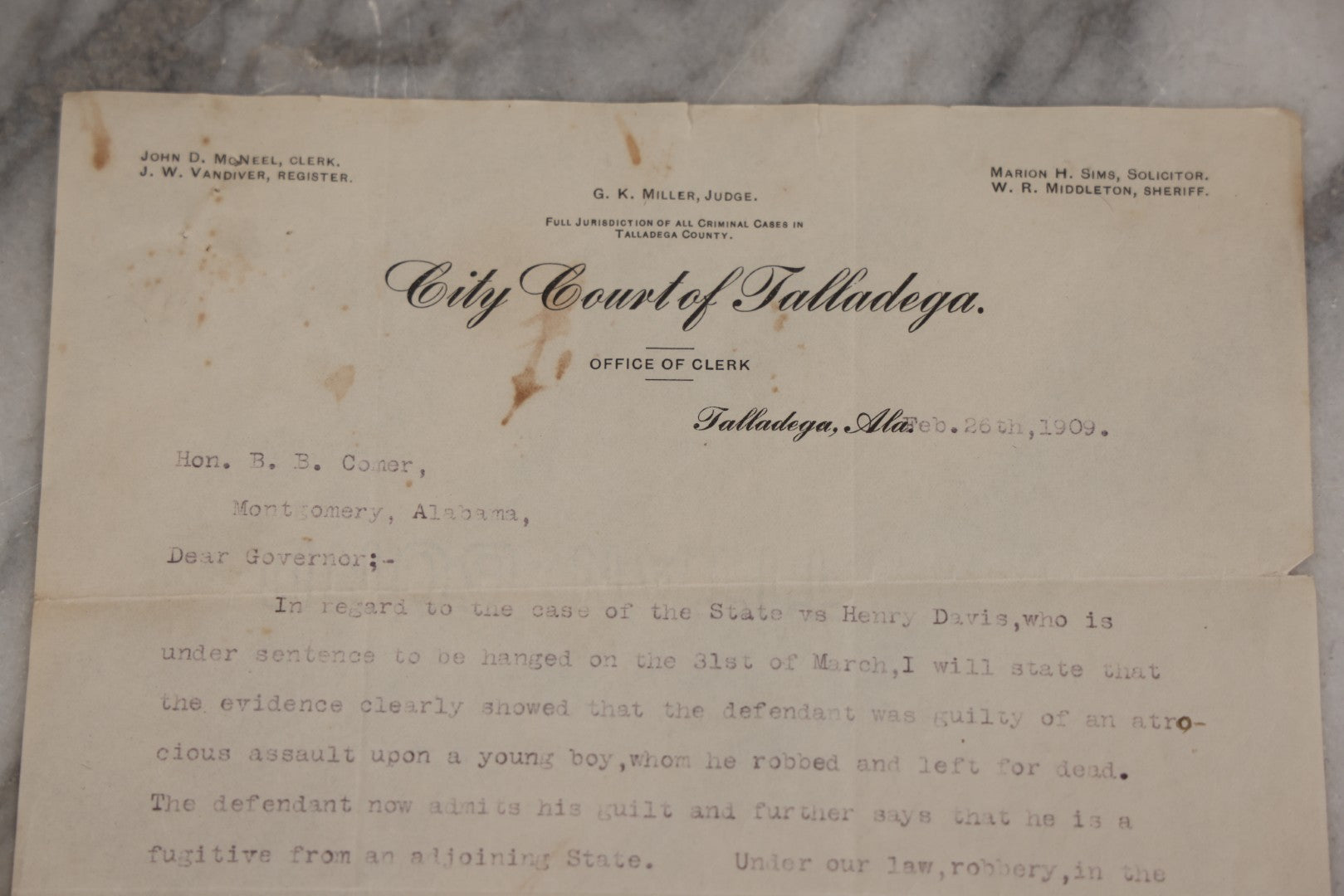 Lot 001 - Pair Of Antique Letters Regarding Planned Execution By Hanging Of Henry Davis For Assault In 1909, Including Letter From Court Clerk Forwarded With Note Signed By Alabama Governor B. B. Comer To Cornelius Blake, Columbia Teachers College, NYC