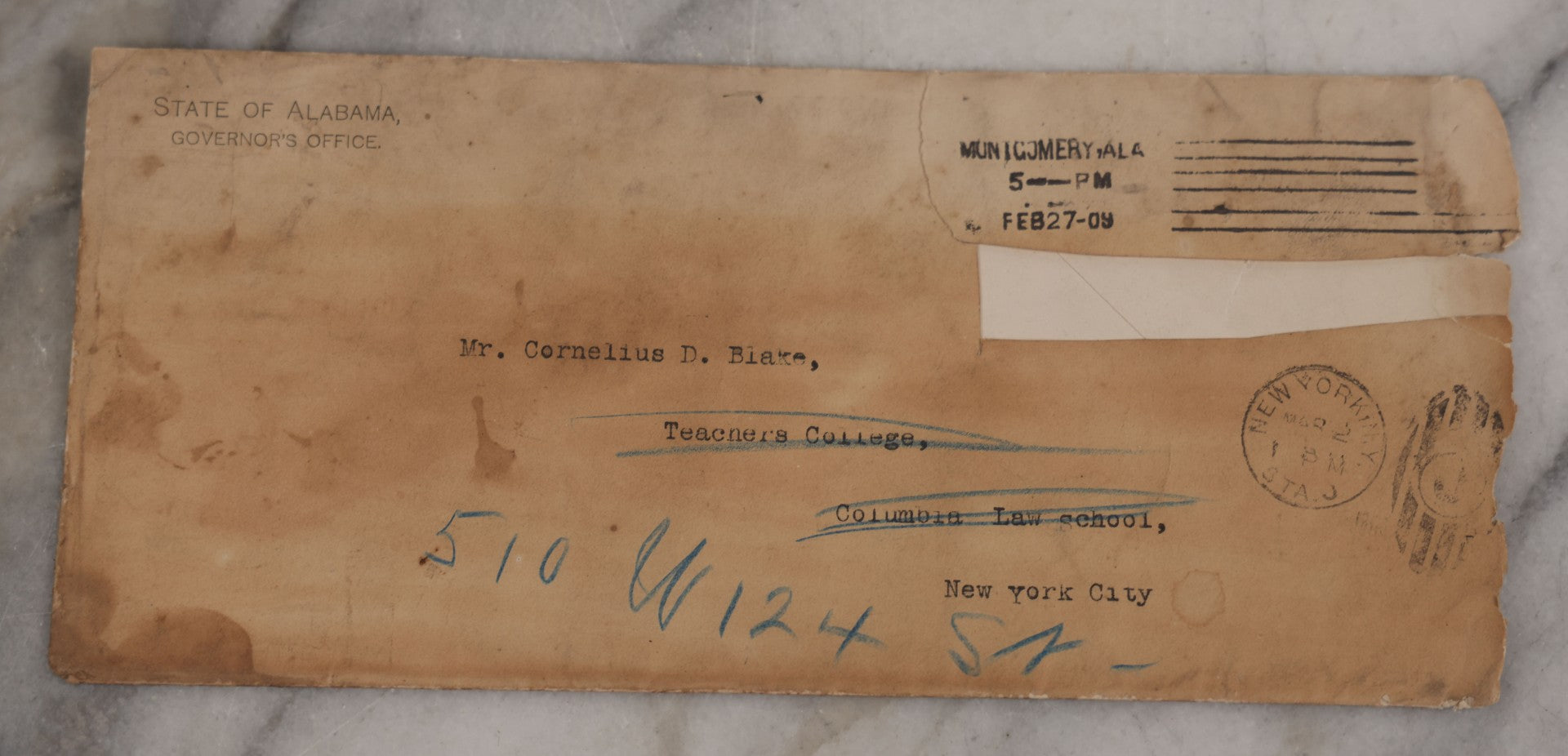 Lot 001 - Pair Of Antique Letters Regarding Planned Execution By Hanging Of Henry Davis For Assault In 1909, Including Letter From Court Clerk Forwarded With Note Signed By Alabama Governor B. B. Comer To Cornelius Blake, Columbia Teachers College, NYC