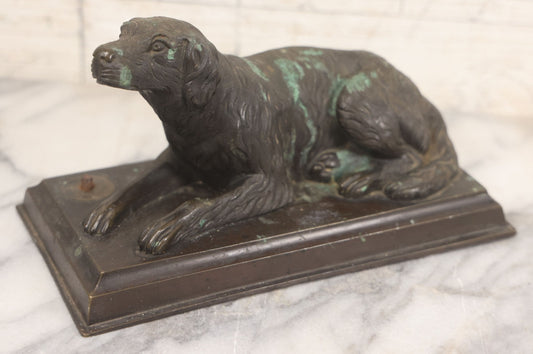 Lot 002 - Antique Bronze Desk Spaniel Dog Statue, Reclined And Alert, With Verdigris Patina And Original Wood Base, Exposed Screw Behind Dog For Unknown Attachment