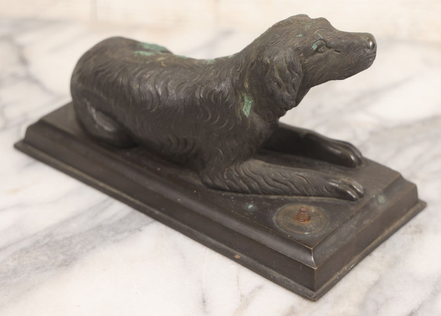 Lot 002 - Antique Bronze Desk Spaniel Dog Statue, Reclined And Alert, With Verdigris Patina And Original Wood Base, Exposed Screw Behind Dog For Unknown Attachment