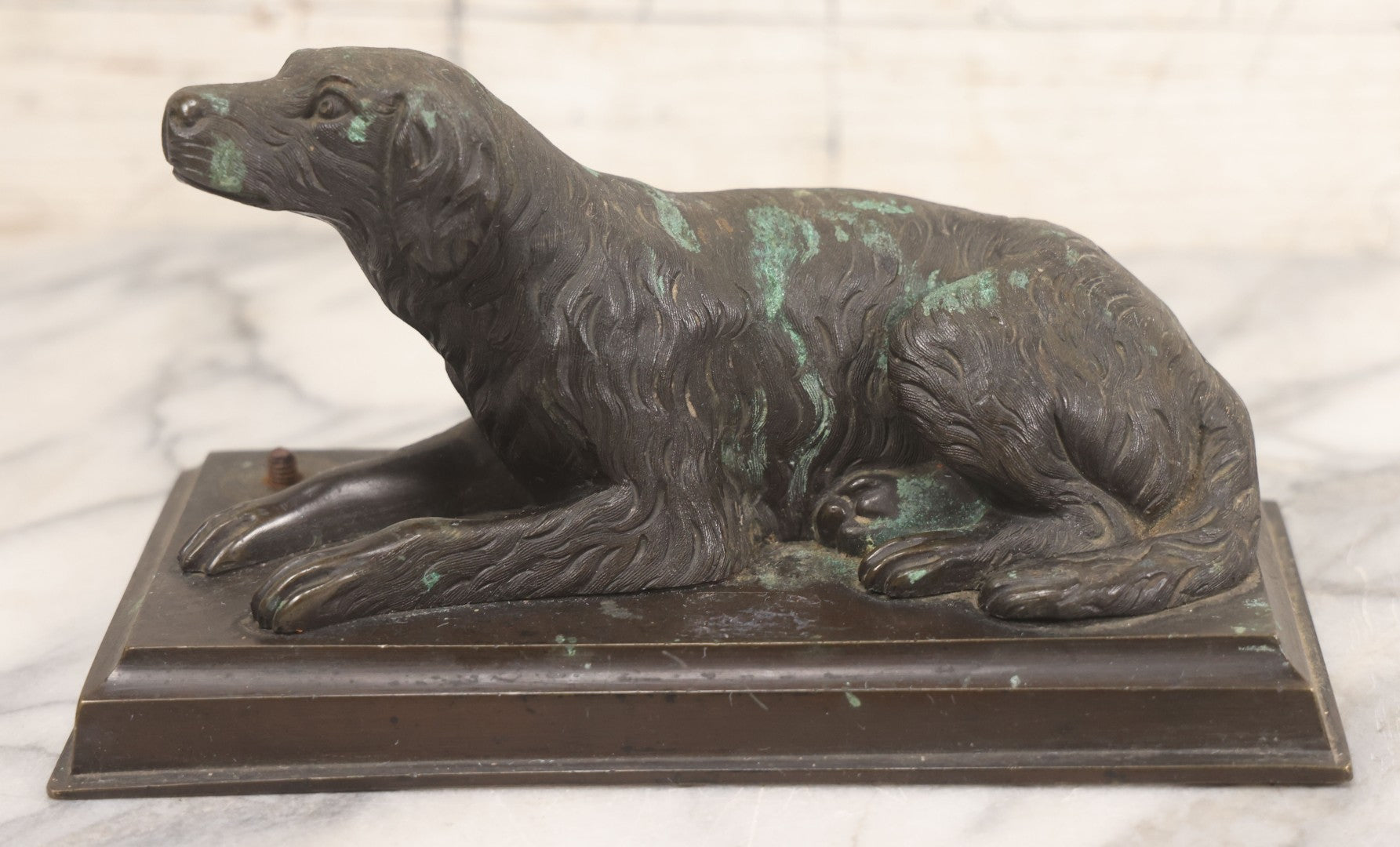 Lot 002 - Antique Bronze Desk Spaniel Dog Statue, Reclined And Alert, With Verdigris Patina And Original Wood Base, Exposed Screw Behind Dog For Unknown Attachment