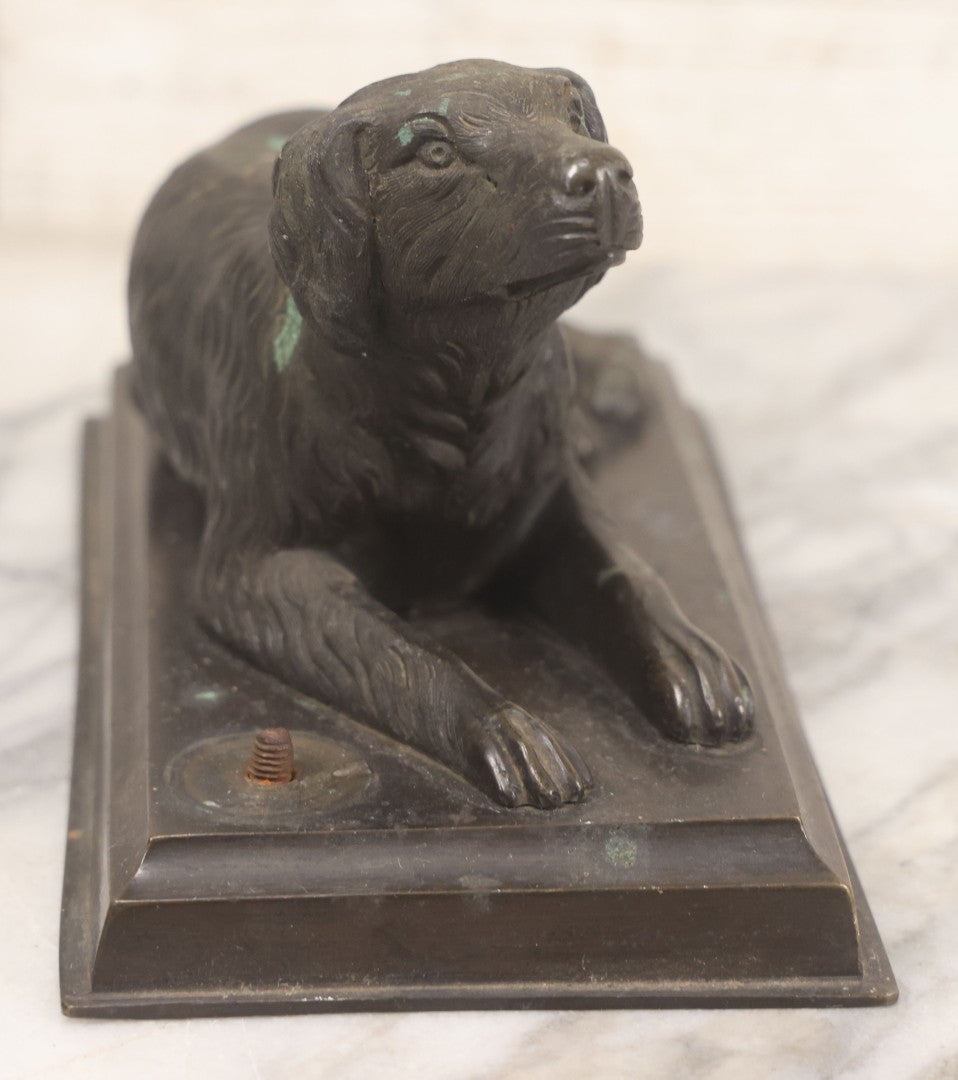 Lot 002 - Antique Bronze Desk Spaniel Dog Statue, Reclined And Alert, With Verdigris Patina And Original Wood Base, Exposed Screw Behind Dog For Unknown Attachment