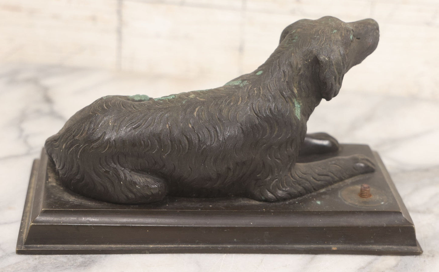 Lot 002 - Antique Bronze Desk Spaniel Dog Statue, Reclined And Alert, With Verdigris Patina And Original Wood Base, Exposed Screw Behind Dog For Unknown Attachment