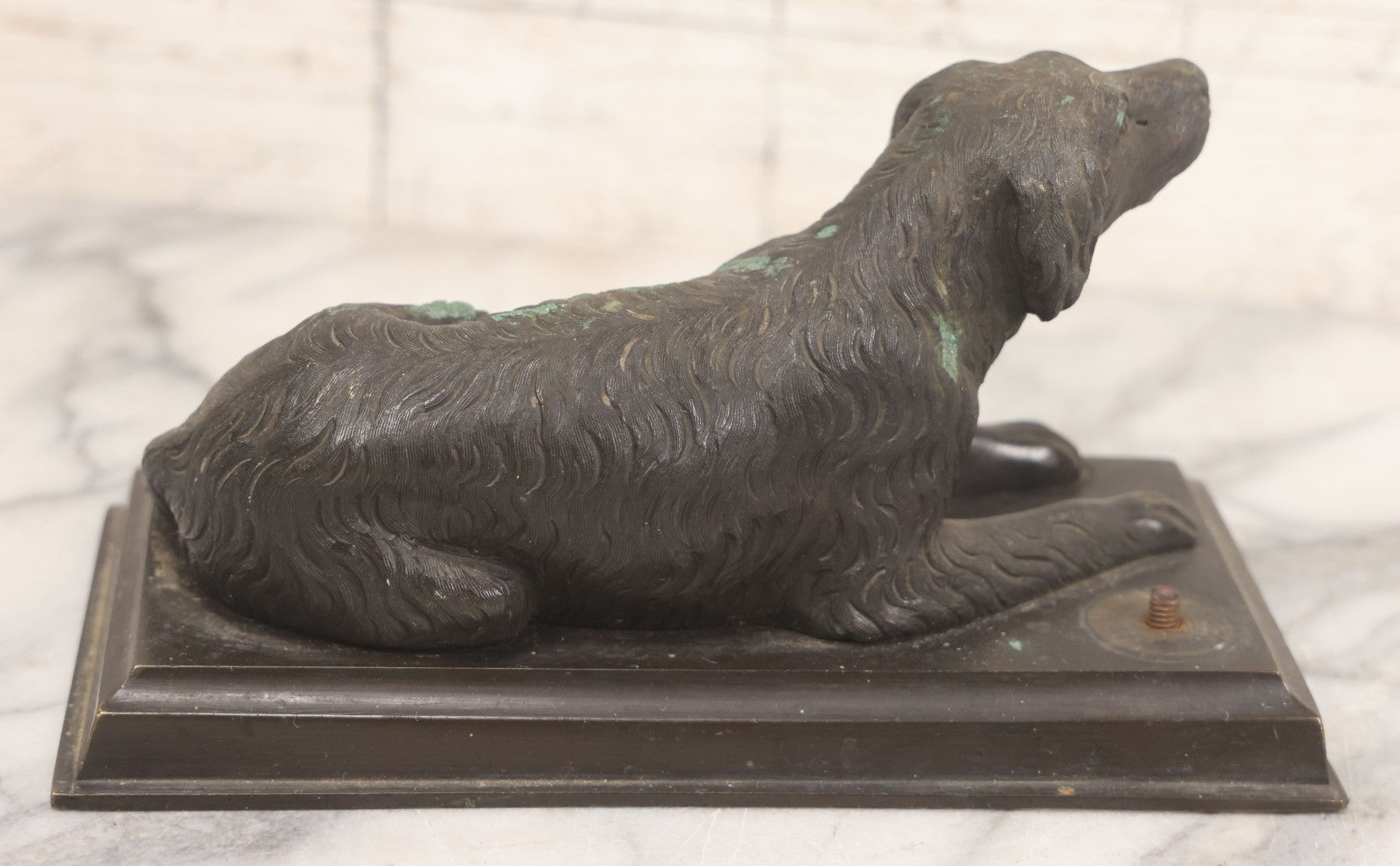 Lot 002 - Antique Bronze Desk Spaniel Dog Statue, Reclined And Alert, With Verdigris Patina And Original Wood Base, Exposed Screw Behind Dog For Unknown Attachment