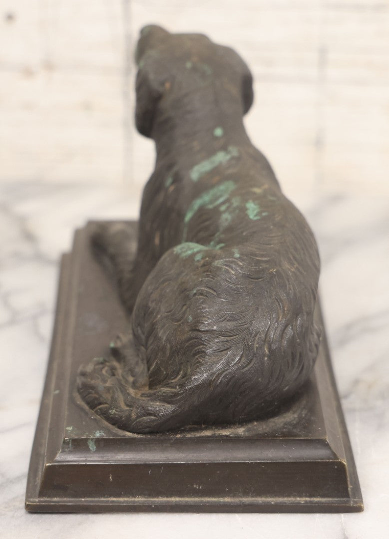 Lot 002 - Antique Bronze Desk Spaniel Dog Statue, Reclined And Alert, With Verdigris Patina And Original Wood Base, Exposed Screw Behind Dog For Unknown Attachment