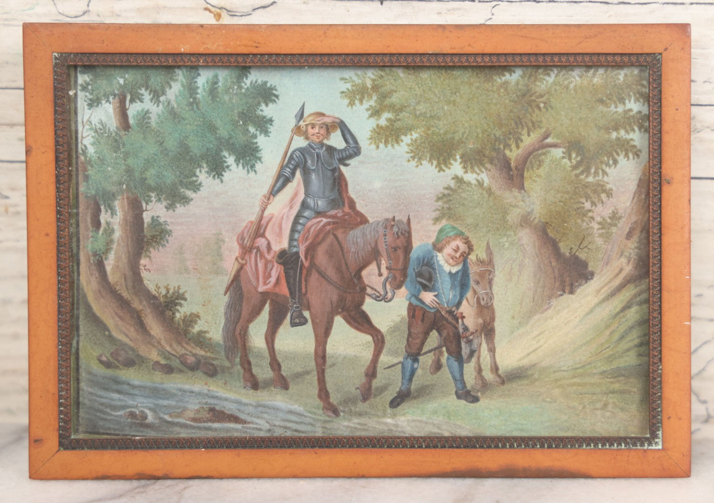 Lot 003 - Antique Miniature Painting Under Glass Depicting Don Quixote And Sancho Panza, Painted On Paper Or Card, Copper Frame With Leather Back, 5" x 3-1/2"