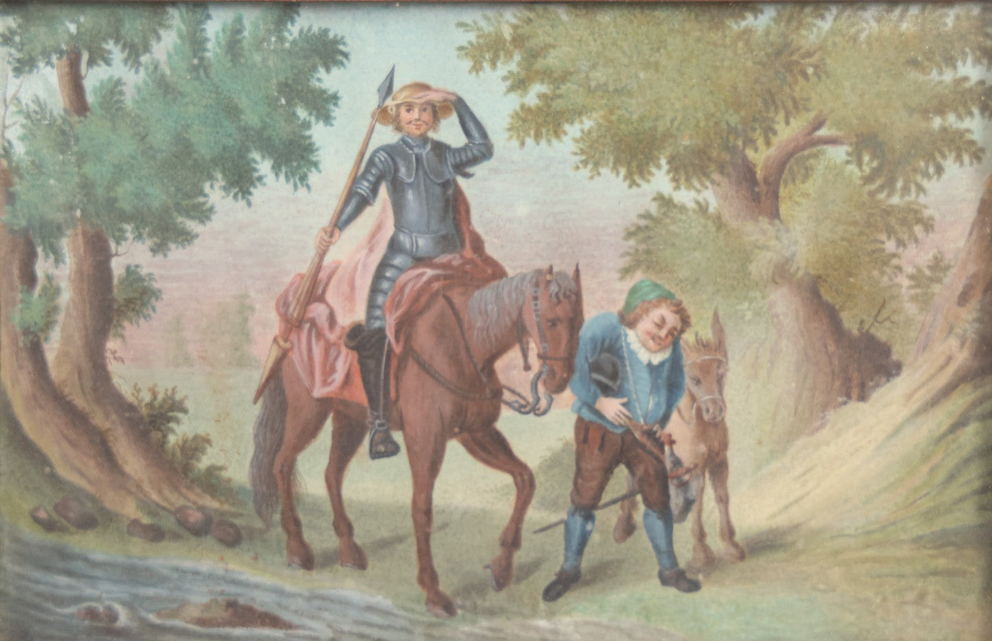 Lot 003 - Antique Miniature Painting Under Glass Depicting Don Quixote And Sancho Panza, Painted On Paper Or Card, Copper Frame With Leather Back, 5" x 3-1/2"