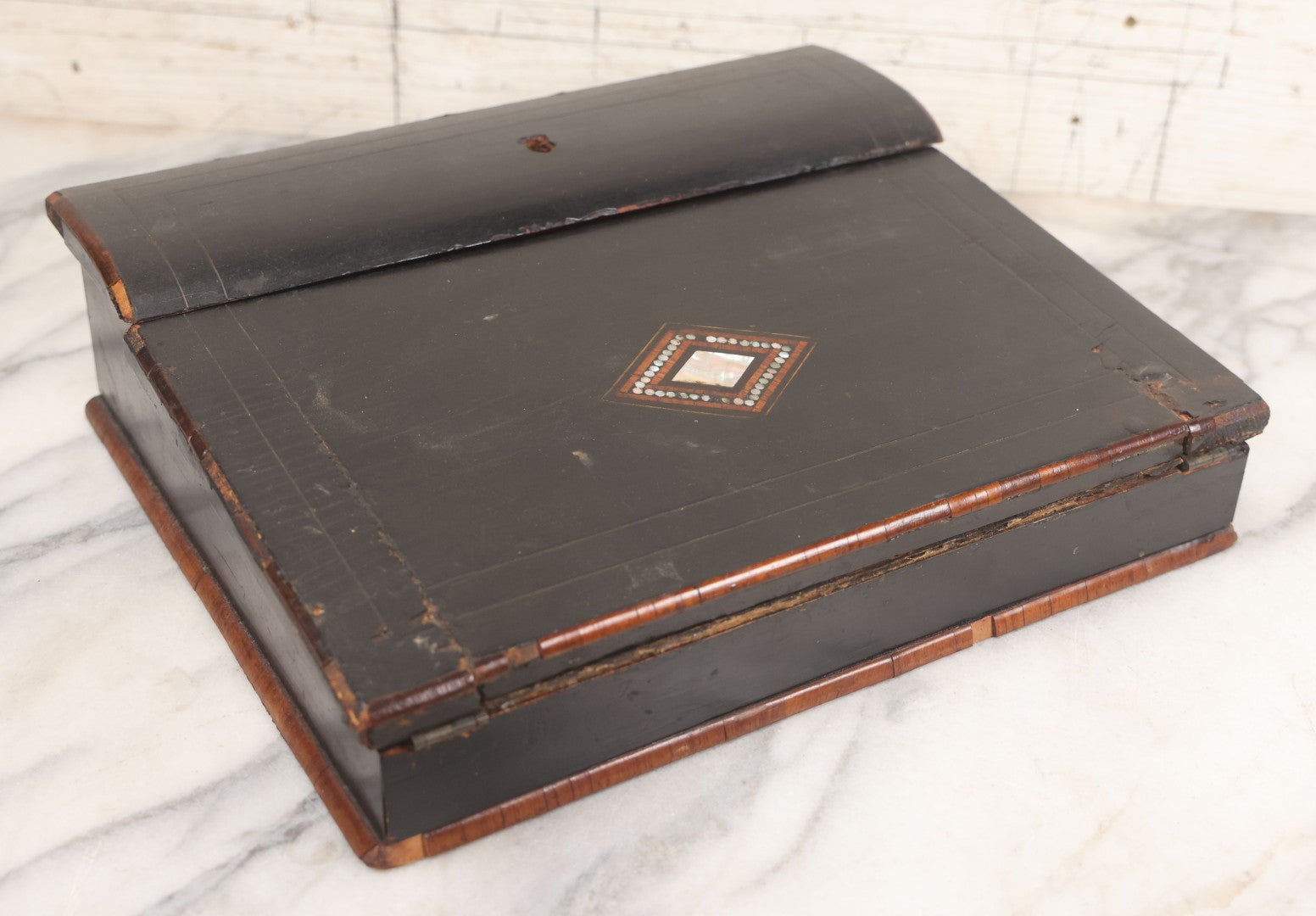 Lot 004 - Antique Lift Top Writing Lap Desk With Decorative Mother Of Pearl Inlay On Lid,  Purple Felt, Interior Compartments, With Original Key And One Glass Inkwell Insert