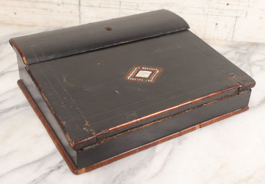 Lot 004 - Antique Lift Top Writing Lap Desk With Decorative Mother Of Pearl Inlay On Lid,  Purple Felt, Interior Compartments, With Original Key And One Glass Inkwell Insert
