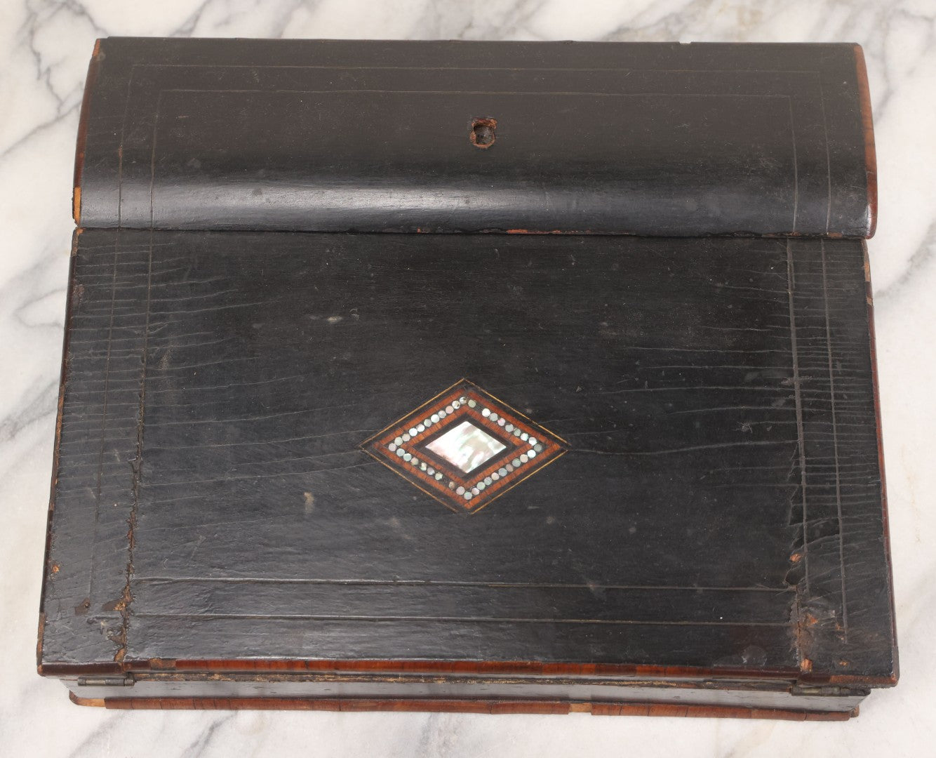 Lot 004 - Antique Lift Top Writing Lap Desk With Decorative Mother Of Pearl Inlay On Lid,  Purple Felt, Interior Compartments, With Original Key And One Glass Inkwell Insert