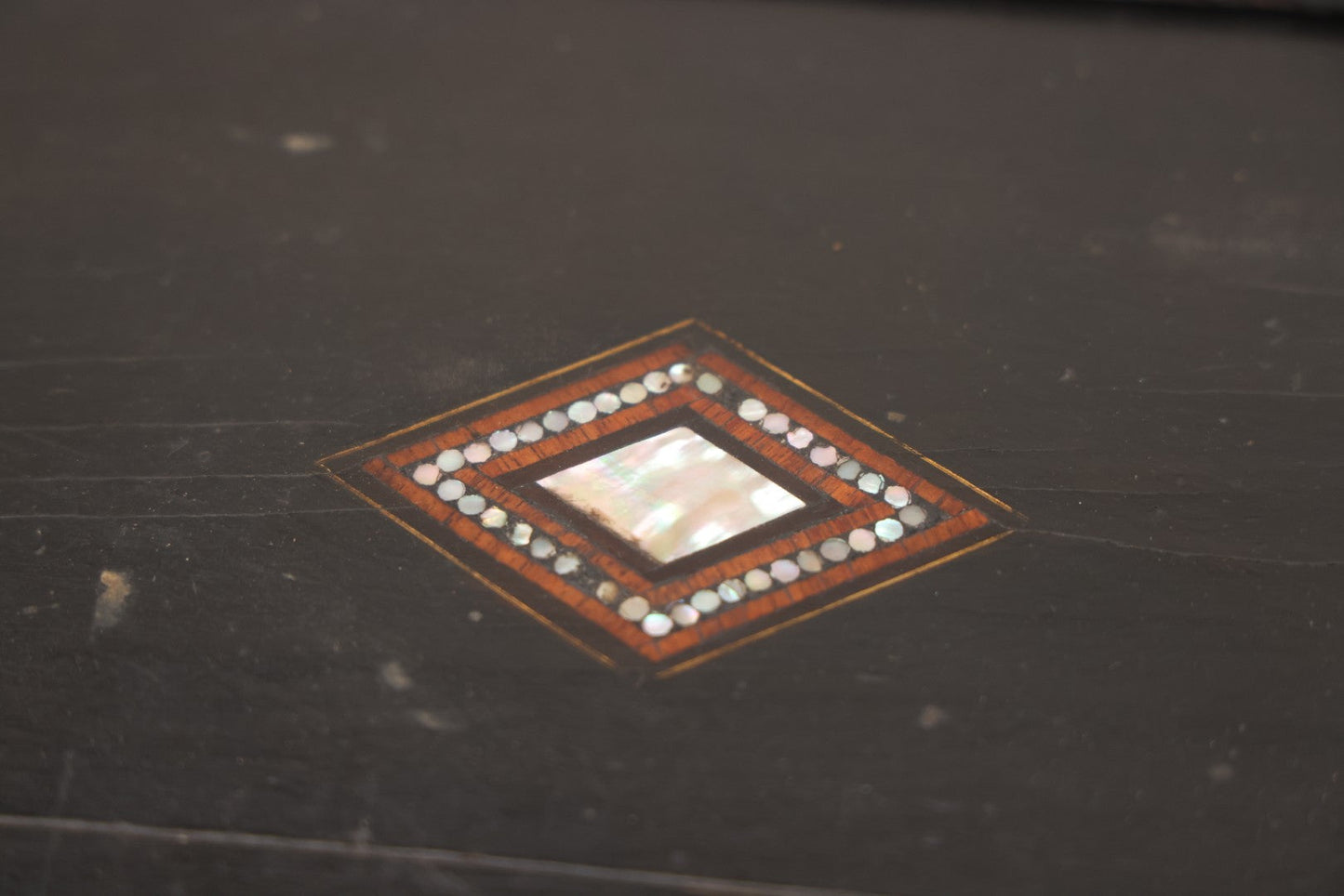 Lot 004 - Antique Lift Top Writing Lap Desk With Decorative Mother Of Pearl Inlay On Lid,  Purple Felt, Interior Compartments, With Original Key And One Glass Inkwell Insert