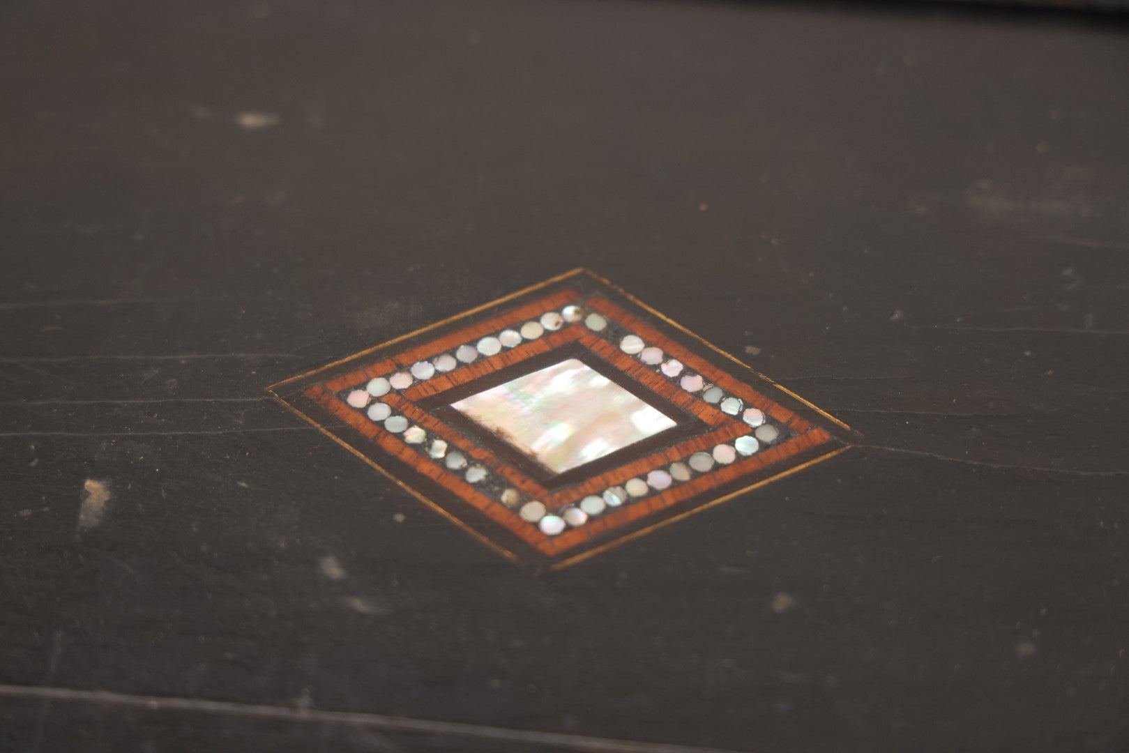 Lot 004 - Antique Lift Top Writing Lap Desk With Decorative Mother Of Pearl Inlay On Lid,  Purple Felt, Interior Compartments, With Original Key And One Glass Inkwell Insert