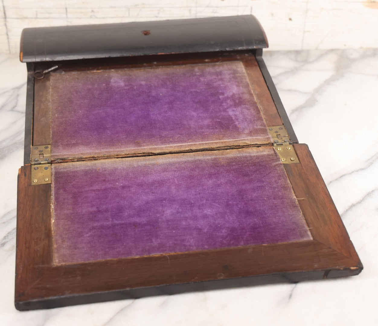 Lot 004 - Antique Lift Top Writing Lap Desk With Decorative Mother Of Pearl Inlay On Lid,  Purple Felt, Interior Compartments, With Original Key And One Glass Inkwell Insert
