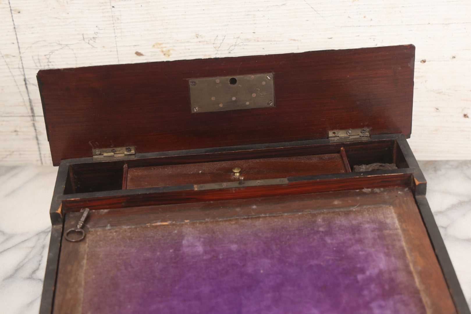 Lot 004 - Antique Lift Top Writing Lap Desk With Decorative Mother Of Pearl Inlay On Lid,  Purple Felt, Interior Compartments, With Original Key And One Glass Inkwell Insert
