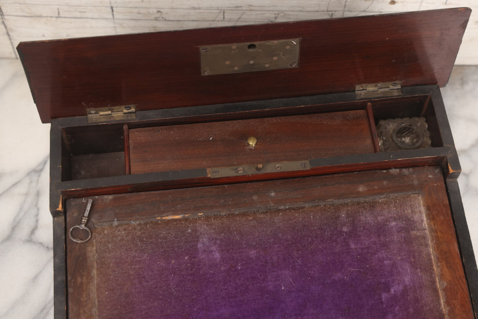 Lot 004 - Antique Lift Top Writing Lap Desk With Decorative Mother Of Pearl Inlay On Lid,  Purple Felt, Interior Compartments, With Original Key And One Glass Inkwell Insert