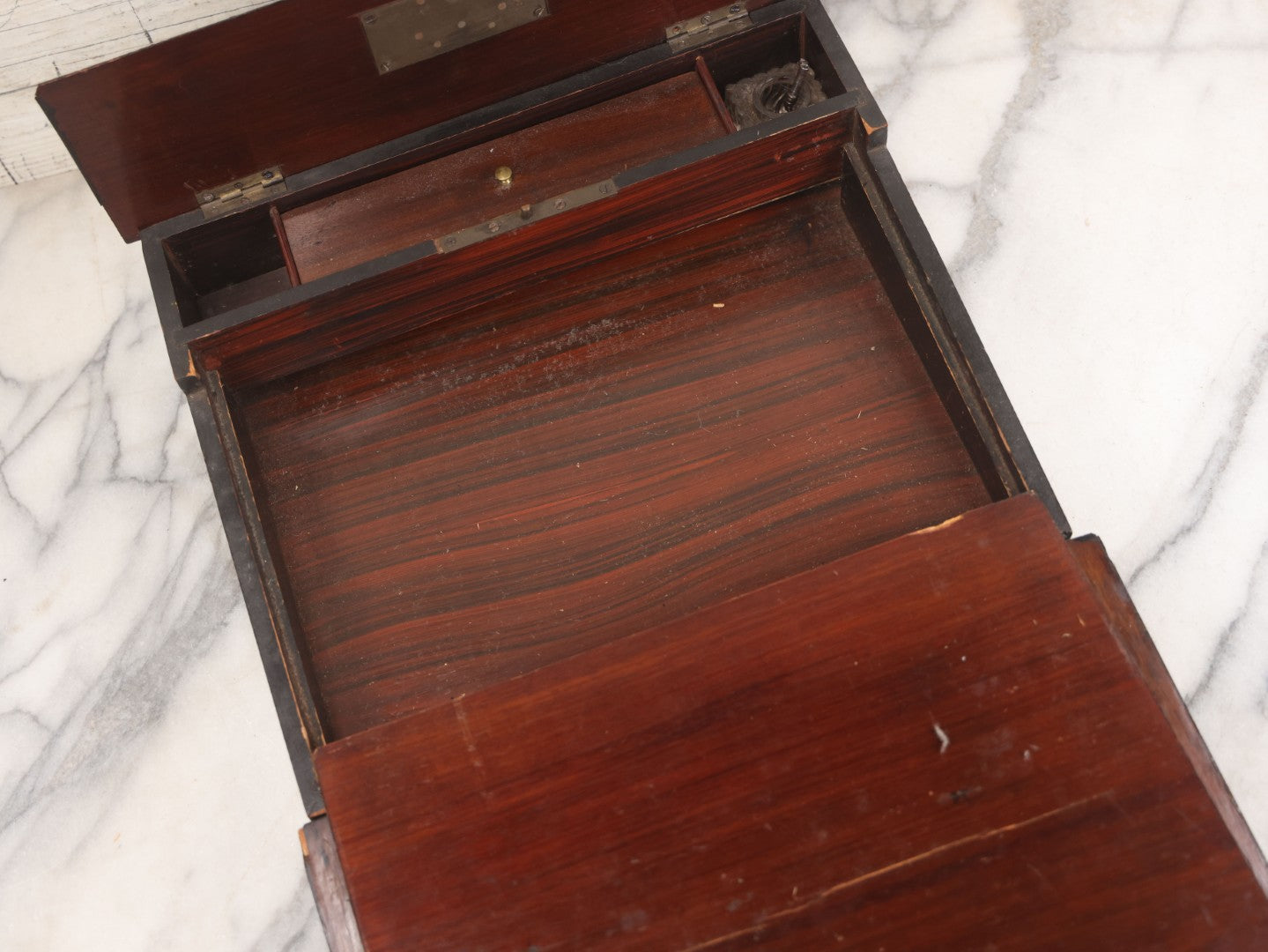 Lot 004 - Antique Lift Top Writing Lap Desk With Decorative Mother Of Pearl Inlay On Lid,  Purple Felt, Interior Compartments, With Original Key And One Glass Inkwell Insert