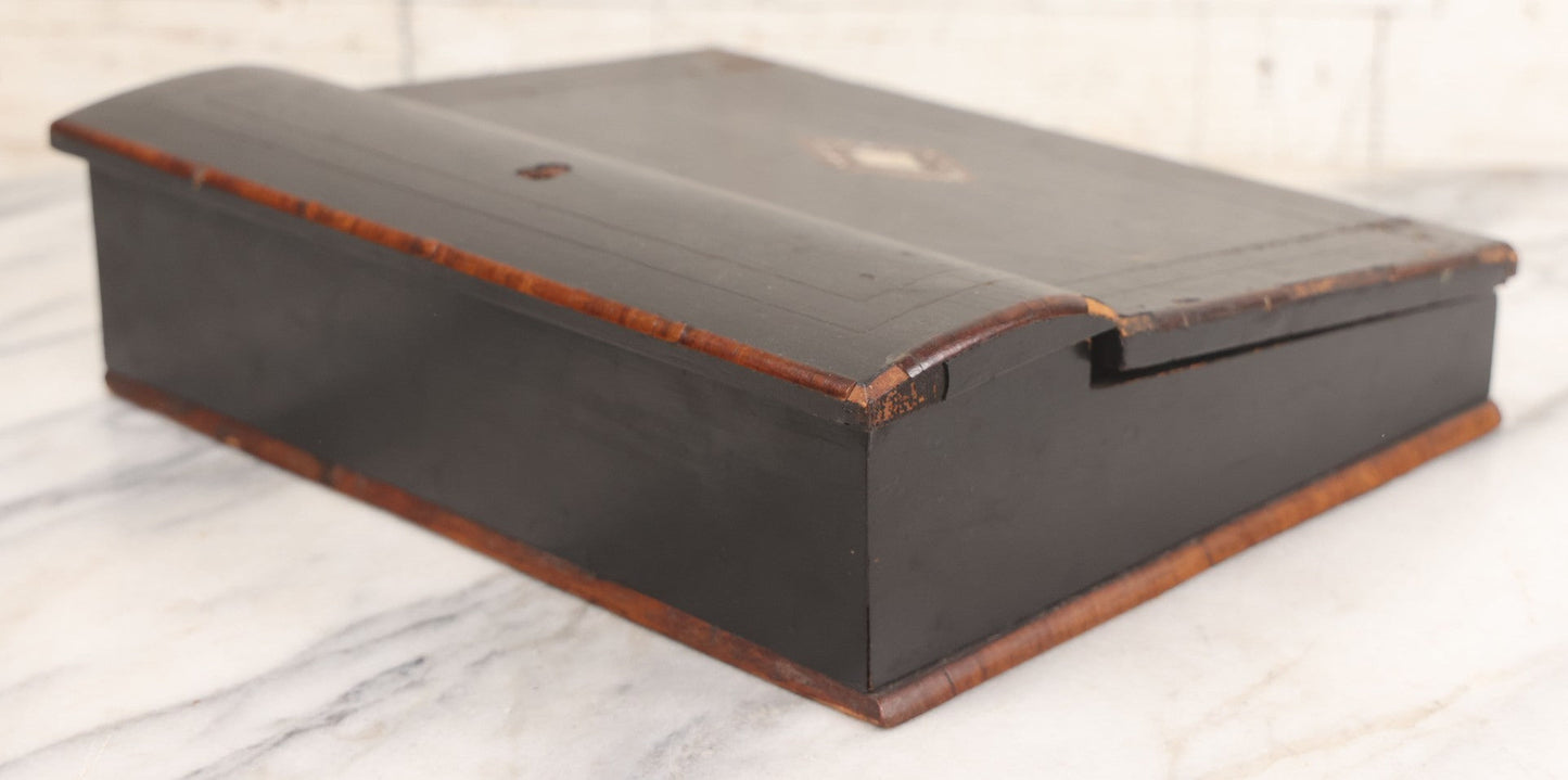 Lot 004 - Antique Lift Top Writing Lap Desk With Decorative Mother Of Pearl Inlay On Lid,  Purple Felt, Interior Compartments, With Original Key And One Glass Inkwell Insert