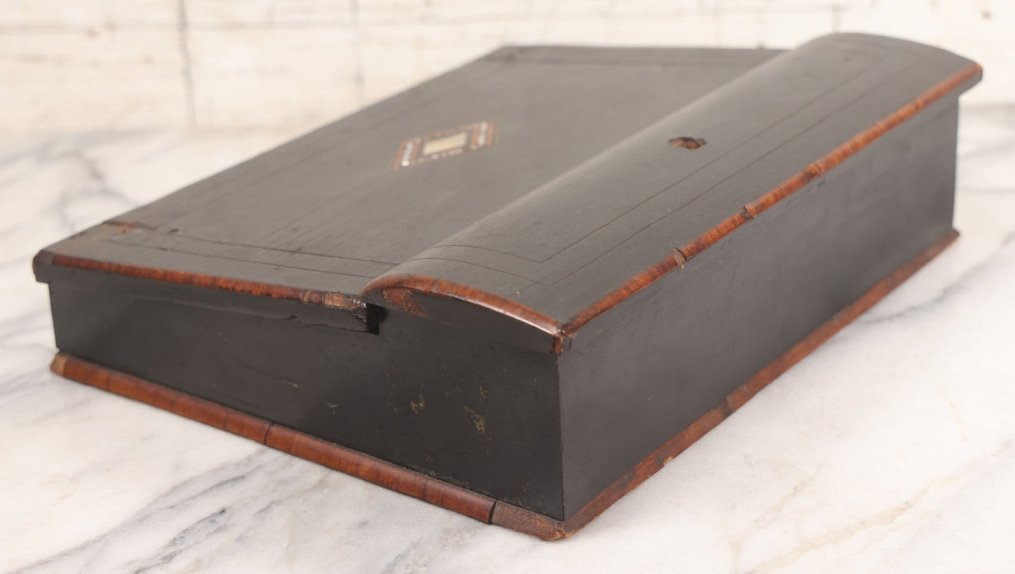 Lot 004 - Antique Lift Top Writing Lap Desk With Decorative Mother Of Pearl Inlay On Lid,  Purple Felt, Interior Compartments, With Original Key And One Glass Inkwell Insert