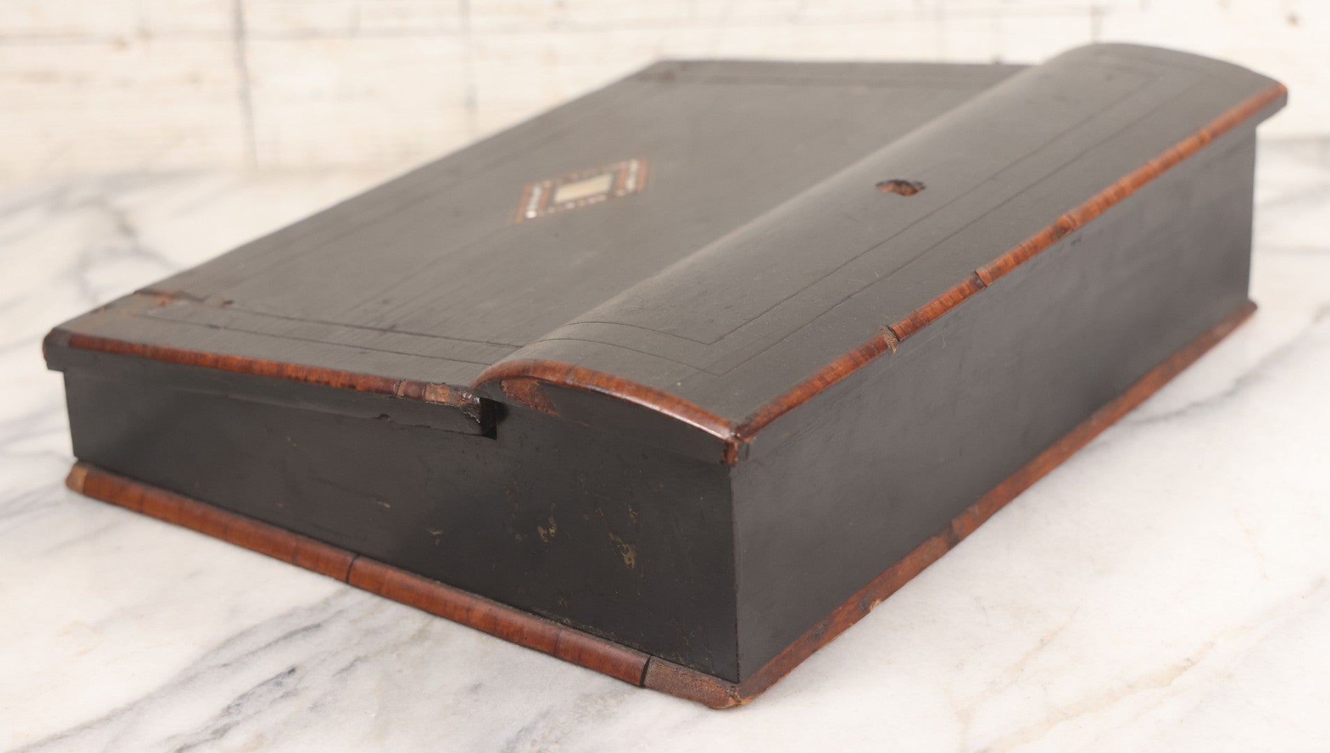 Lot 004 - Antique Lift Top Writing Lap Desk With Decorative Mother Of Pearl Inlay On Lid,  Purple Felt, Interior Compartments, With Original Key And One Glass Inkwell Insert