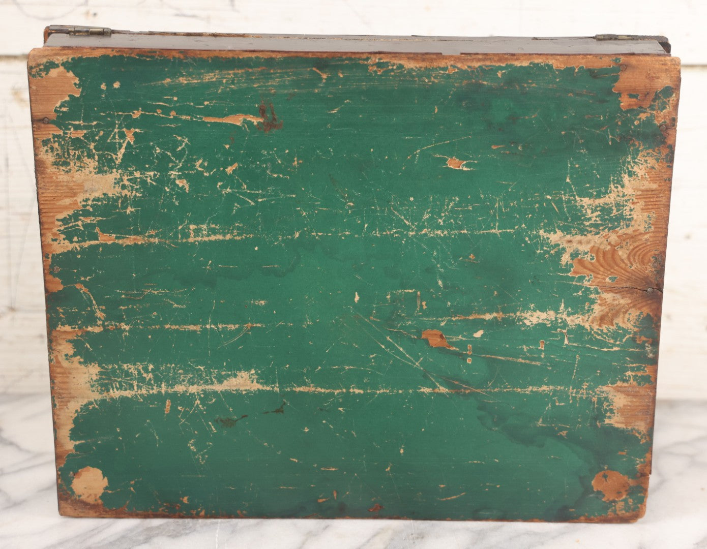 Lot 004 - Antique Lift Top Writing Lap Desk With Decorative Mother Of Pearl Inlay On Lid,  Purple Felt, Interior Compartments, With Original Key And One Glass Inkwell Insert