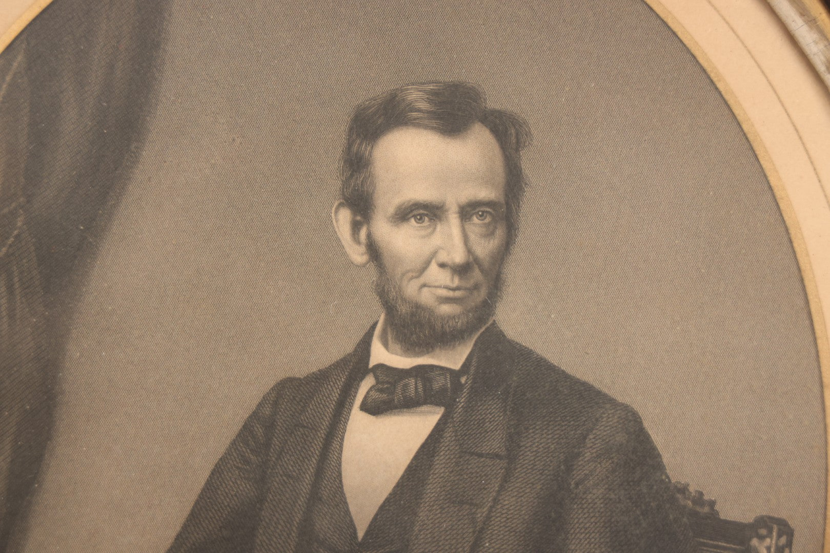 Lot 005 - Antique Engraving Print Of President Abraham Lincoln At Desk With Emancipation Proclamation, After George E. Perine, In Period Oval Frame With Original Glass And Wood Backing, Circa 1864, 14" x 16"
