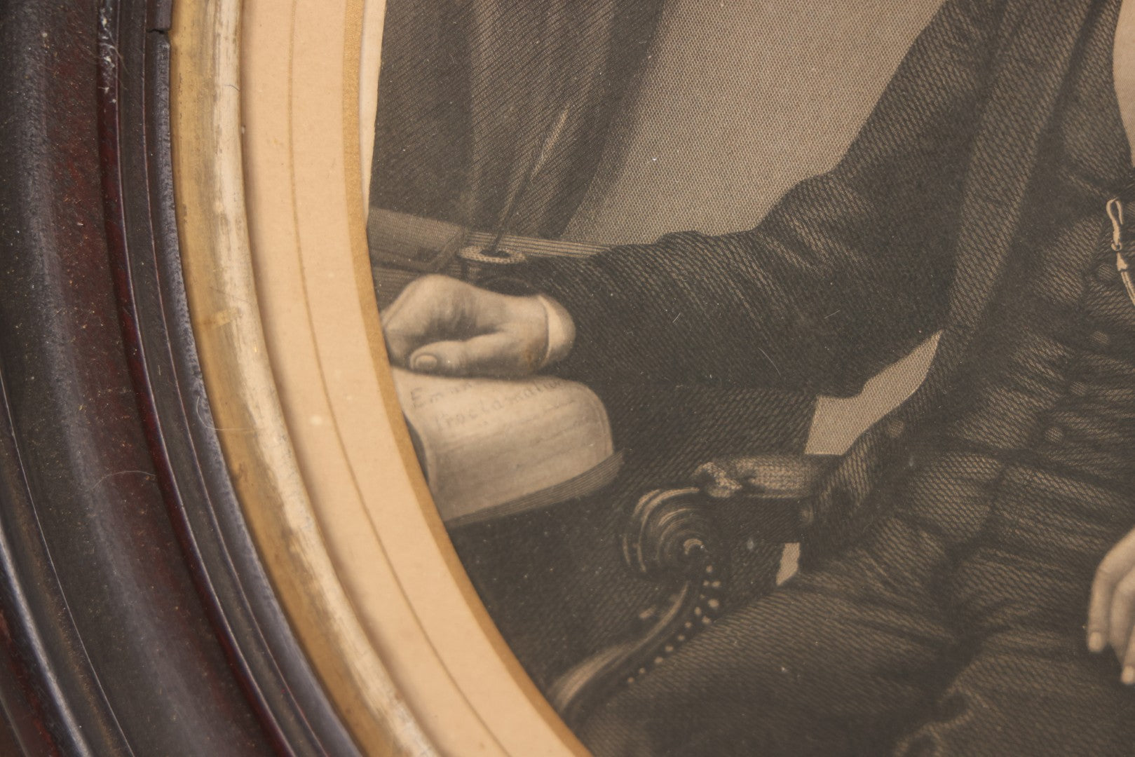 Lot 005 - Antique Engraving Print Of President Abraham Lincoln At Desk With Emancipation Proclamation, After George E. Perine, In Period Oval Frame With Original Glass And Wood Backing, Circa 1864, 14" x 16"