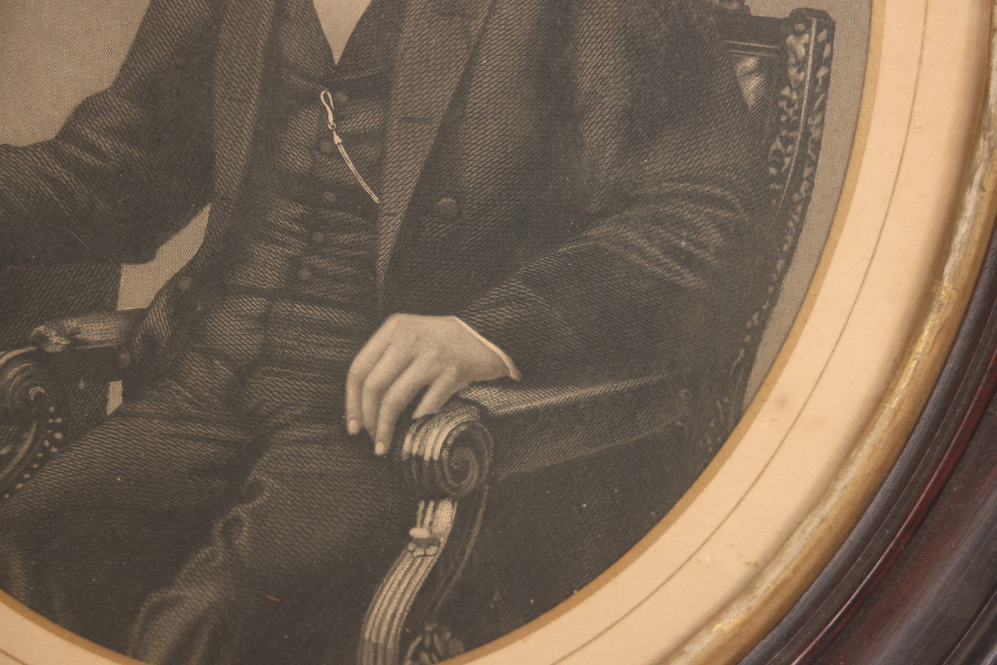Lot 005 - Antique Engraving Print Of President Abraham Lincoln At Desk With Emancipation Proclamation, After George E. Perine, In Period Oval Frame With Original Glass And Wood Backing, Circa 1864, 14" x 16"