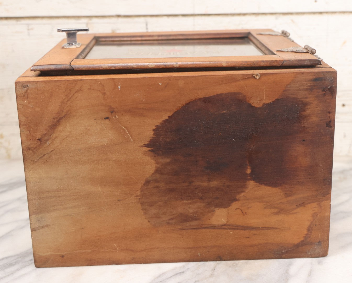 Lot 007 - Antique Wooden Antiseptic Sterilizer Cabinet With Glass Front Door And Reverse Painted Lettering, Red Star Logo, Glass Sides