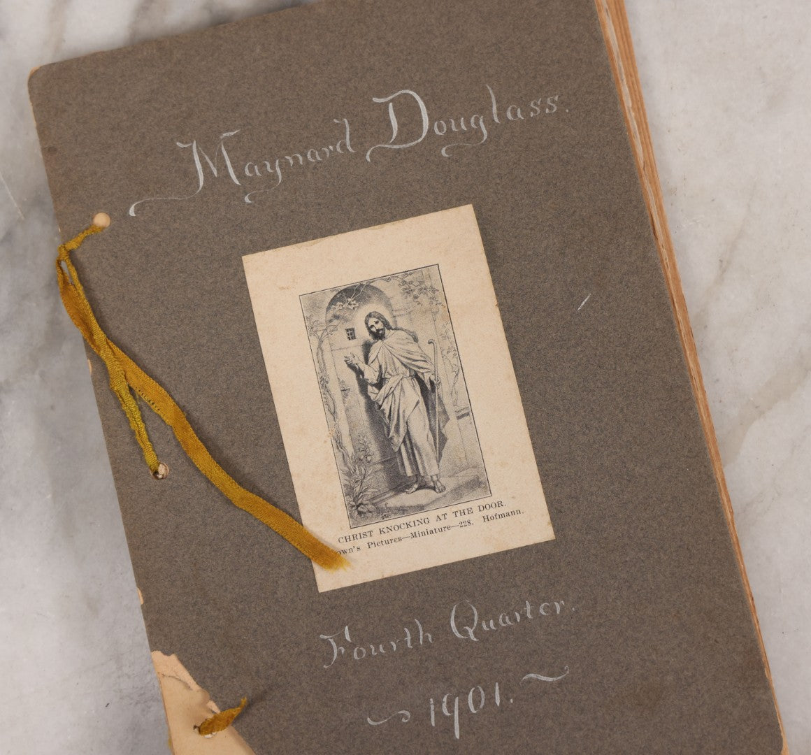 Lot 008 - Antique Scrapbook Of "Maynard Douglass, Fourth Quarter, 1901" With Thread Pinstriping, Sewn Line Illustrations, Pasted Bookplates And Verses, Labeled "Trinitarian Congregational Sunday School, Primary Department, Castine, Maine"