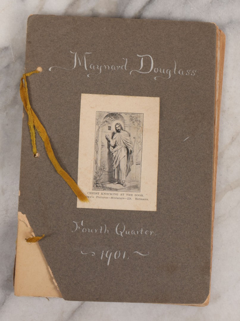 Lot 008 - Antique Scrapbook Of "Maynard Douglass, Fourth Quarter, 1901" With Thread Pinstriping, Sewn Line Illustrations, Pasted Bookplates And Verses, Labeled "Trinitarian Congregational Sunday School, Primary Department, Castine, Maine"
