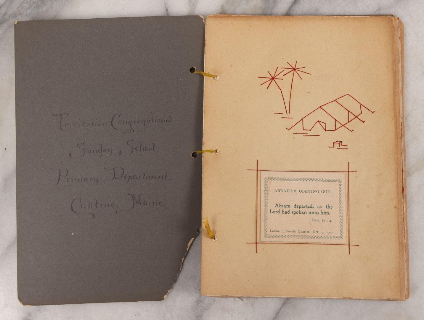 Lot 008 - Antique Scrapbook Of "Maynard Douglass, Fourth Quarter, 1901" With Thread Pinstriping, Sewn Line Illustrations, Pasted Bookplates And Verses, Labeled "Trinitarian Congregational Sunday School, Primary Department, Castine, Maine"