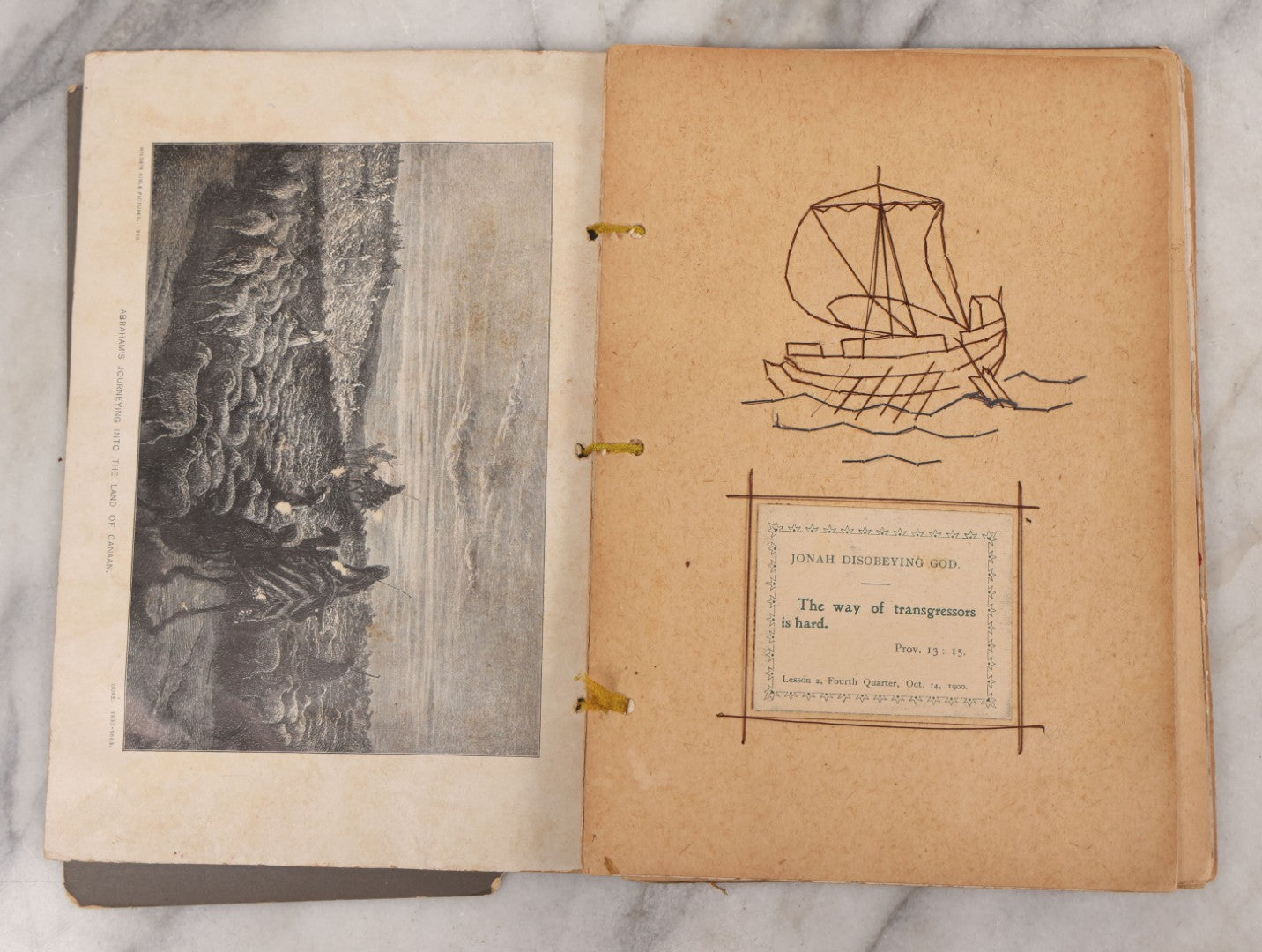Lot 008 - Antique Scrapbook Of "Maynard Douglass, Fourth Quarter, 1901" With Thread Pinstriping, Sewn Line Illustrations, Pasted Bookplates And Verses, Labeled "Trinitarian Congregational Sunday School, Primary Department, Castine, Maine"