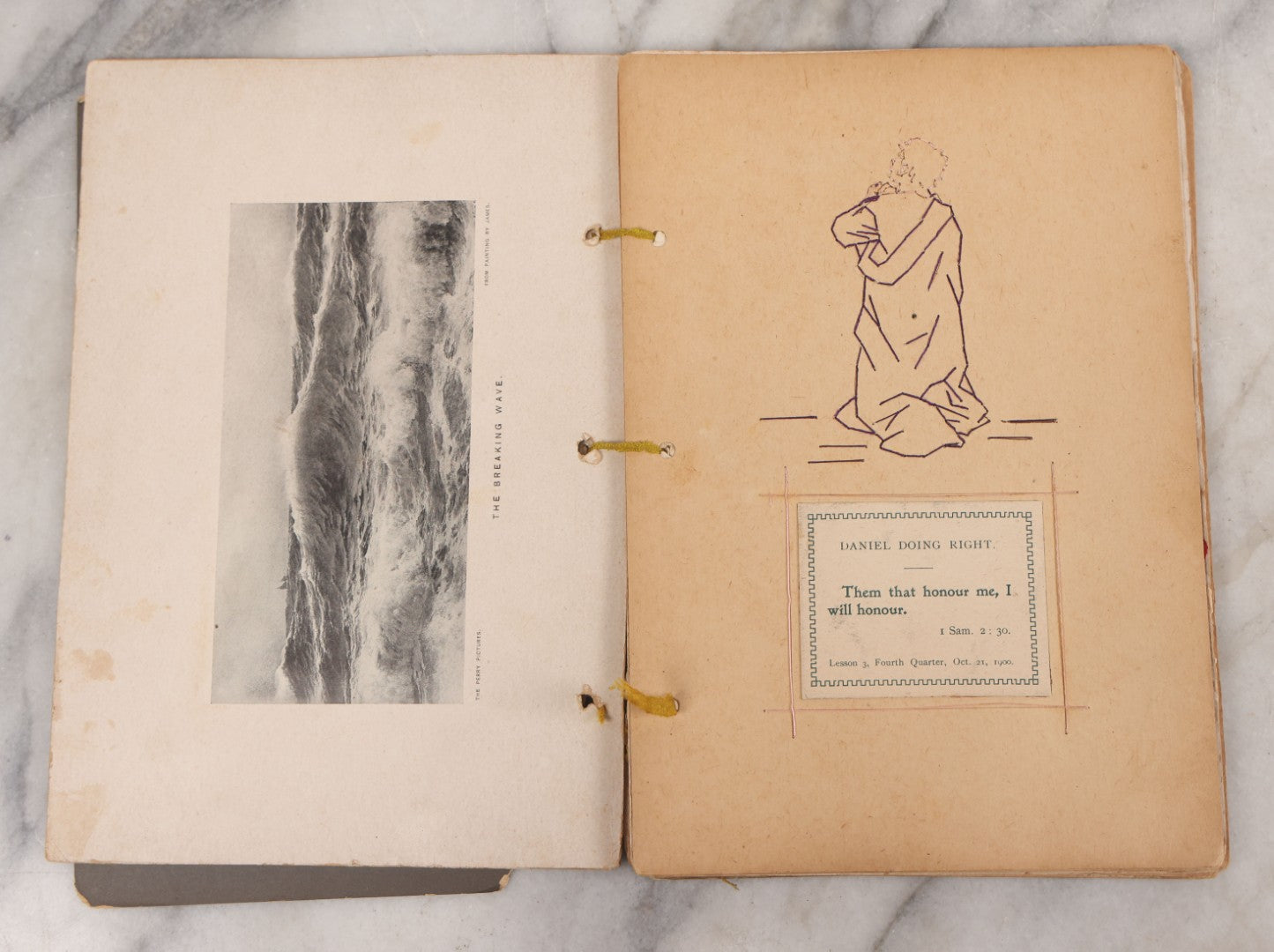 Lot 008 - Antique Scrapbook Of "Maynard Douglass, Fourth Quarter, 1901" With Thread Pinstriping, Sewn Line Illustrations, Pasted Bookplates And Verses, Labeled "Trinitarian Congregational Sunday School, Primary Department, Castine, Maine"