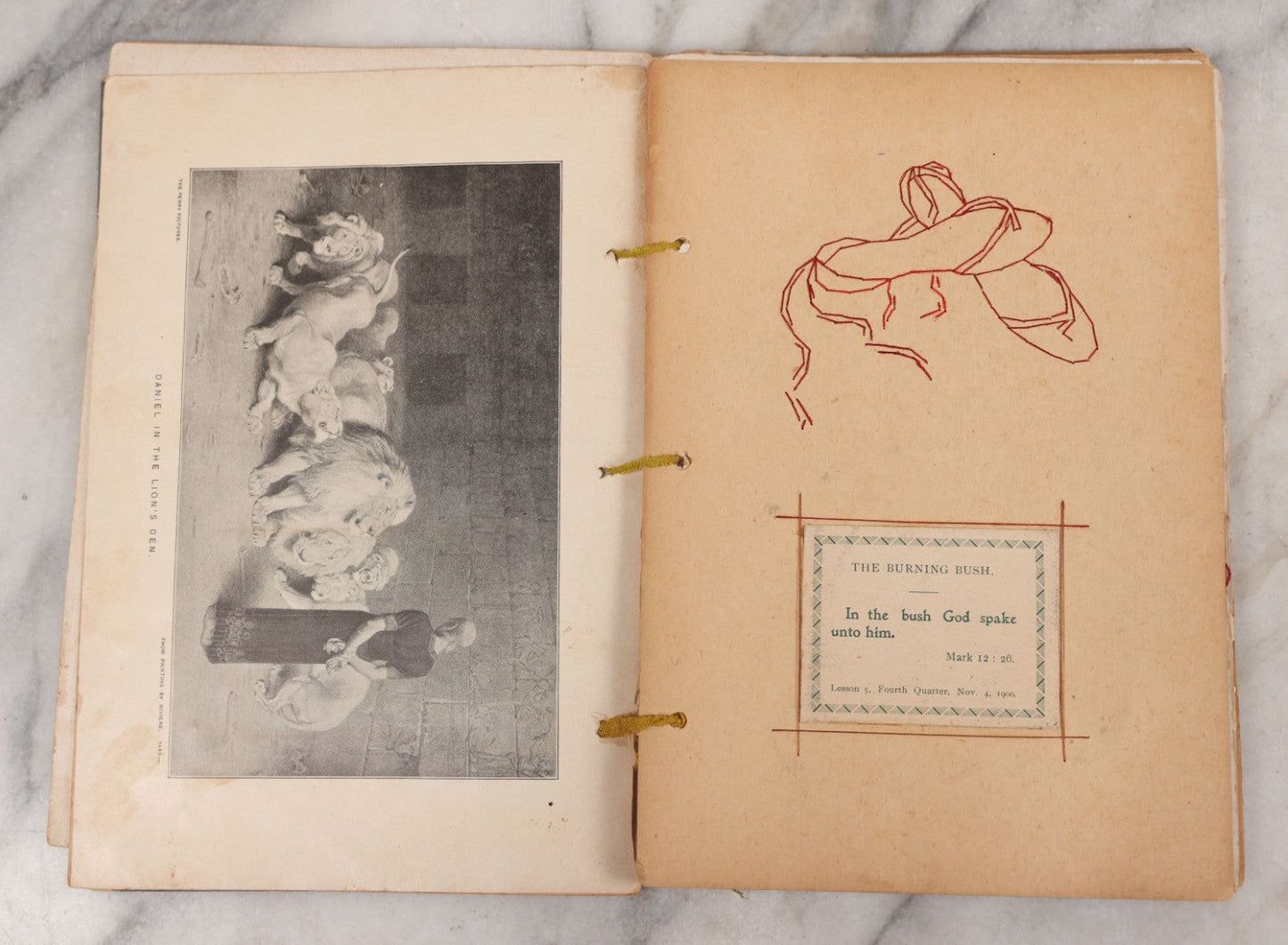 Lot 008 - Antique Scrapbook Of "Maynard Douglass, Fourth Quarter, 1901" With Thread Pinstriping, Sewn Line Illustrations, Pasted Bookplates And Verses, Labeled "Trinitarian Congregational Sunday School, Primary Department, Castine, Maine"