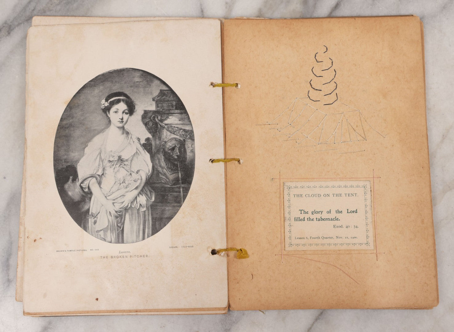 Lot 008 - Antique Scrapbook Of "Maynard Douglass, Fourth Quarter, 1901" With Thread Pinstriping, Sewn Line Illustrations, Pasted Bookplates And Verses, Labeled "Trinitarian Congregational Sunday School, Primary Department, Castine, Maine"