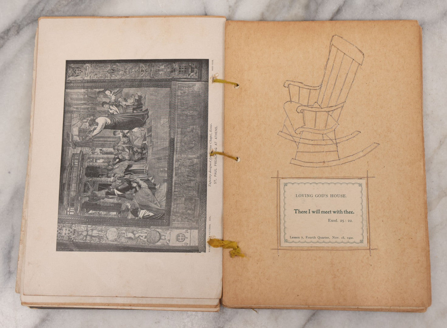 Lot 008 - Antique Scrapbook Of "Maynard Douglass, Fourth Quarter, 1901" With Thread Pinstriping, Sewn Line Illustrations, Pasted Bookplates And Verses, Labeled "Trinitarian Congregational Sunday School, Primary Department, Castine, Maine"