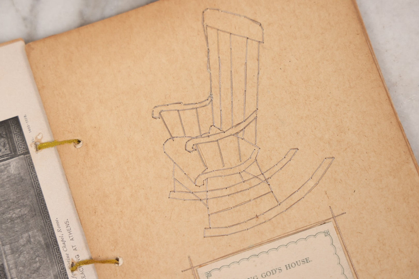 Lot 008 - Antique Scrapbook Of "Maynard Douglass, Fourth Quarter, 1901" With Thread Pinstriping, Sewn Line Illustrations, Pasted Bookplates And Verses, Labeled "Trinitarian Congregational Sunday School, Primary Department, Castine, Maine"